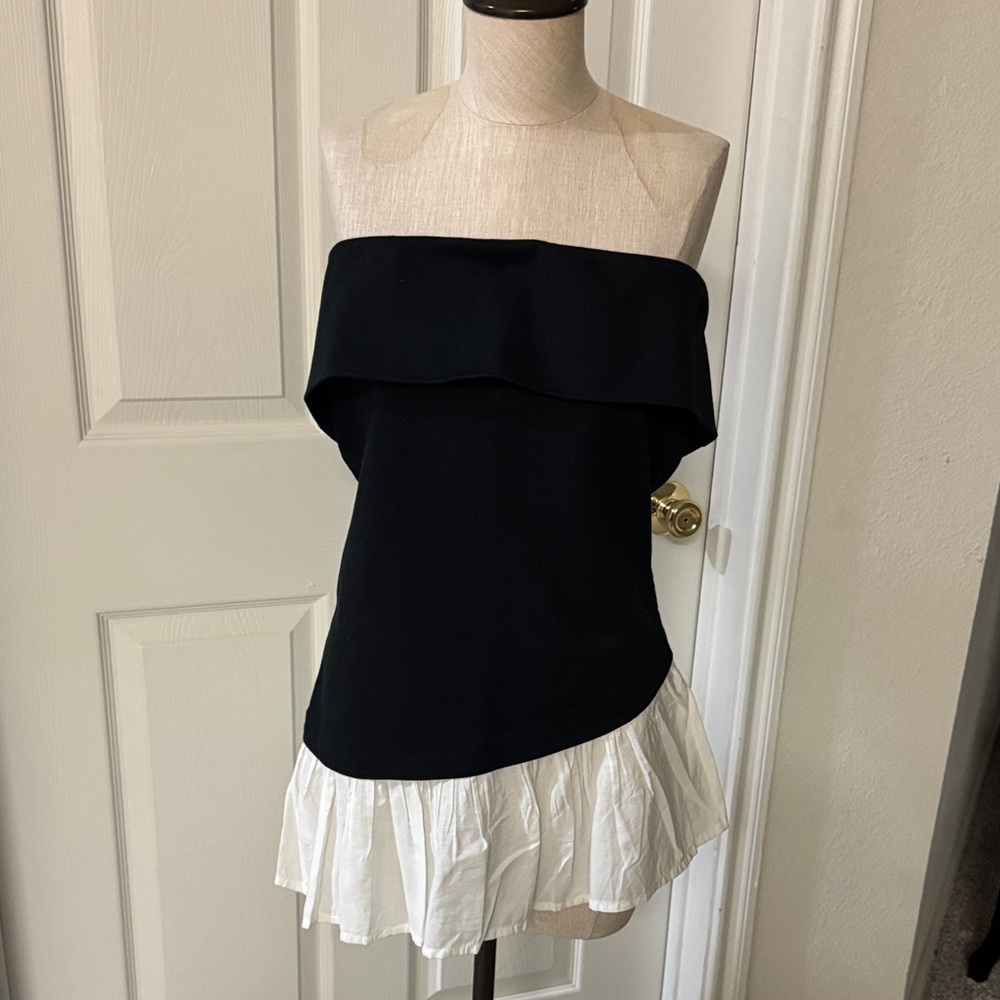 Maeve Black and White Strapless Ruffle Blouse